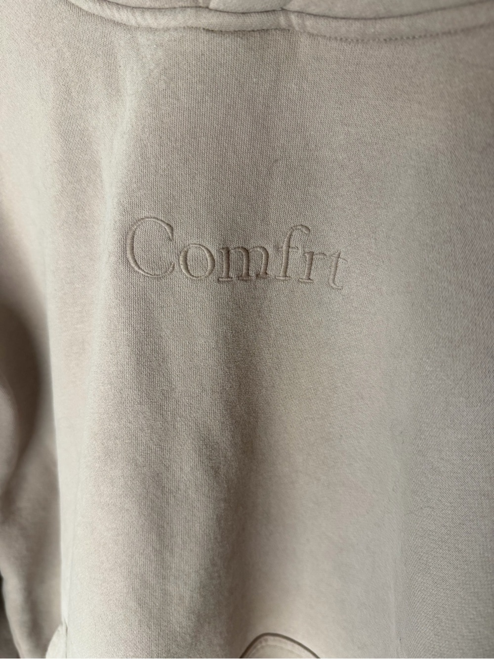 Comfrt Beige Taupe Oversized Hoodie Unisex 2XL Tonal Logo Fleece Sweatshirt - Picture 2 of 4